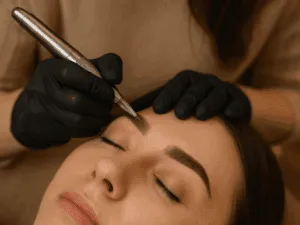 Trattamento di tatuaggio sopracciglia effetto sfumato realizzato con dermografo da specialista PMU, per sopracciglia piene e naturali.