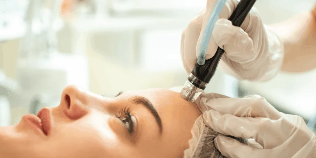 Trattamento HydraFacial eseguito su un volto femminile con manipolo a tecnologia vacuum per pulizia profonda e idratazione della pelle.