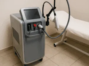Macchinario laser ND:YAG per trattamenti estetici professionali Macchinario laser professionale ND:YAG posizionato accanto al lettino in una cabina estetica
