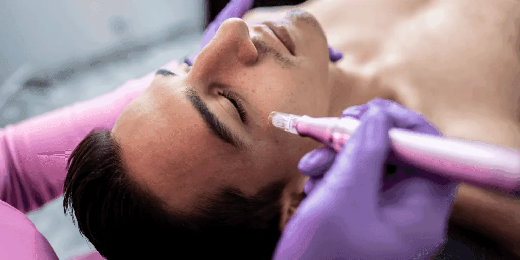 Trattamento di microneedling viso eseguito con dermapen su paziente in centro estetico professionale