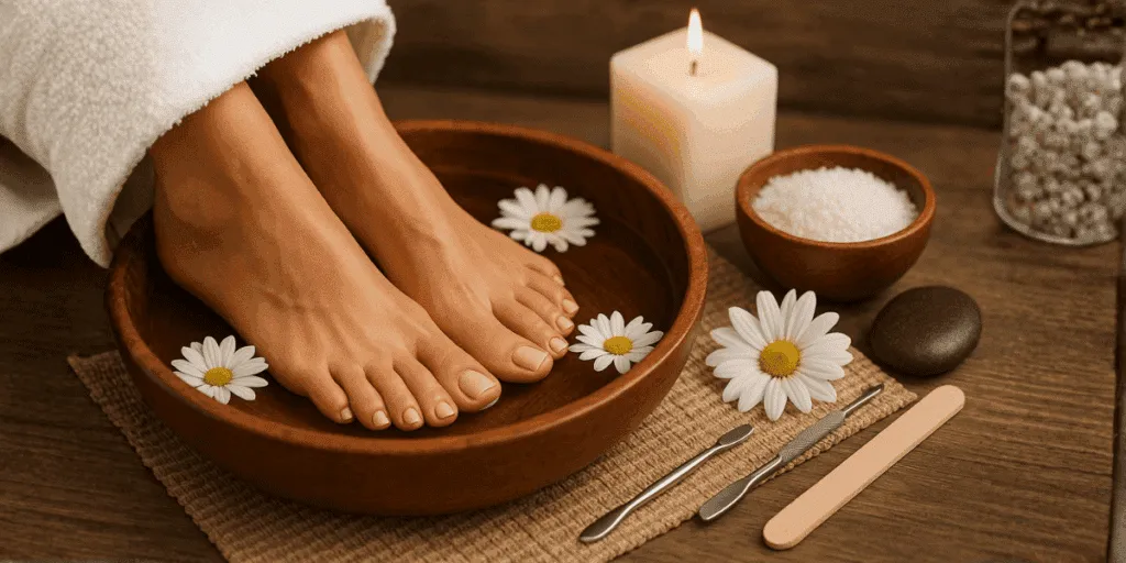 Trattamento di pedicure spa con piedi immersi in una bacinella di legno, fiori di camomilla e strumenti per la cura dei piedi.