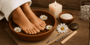 Trattamento di pedicure spa con piedi immersi in una bacinella di legno, fiori di camomilla e strumenti per la cura dei piedi.