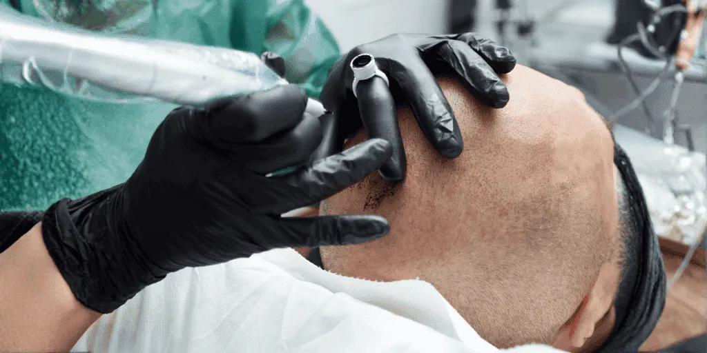 Professionista che esegue una seduta di tricopigmentazione sul cuoio capelluto con strumenti specialistici.