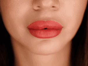 Labbra con trucco semipermanente dal colore rosso corallo, definite e uniformi, risultato di un trattamento professionale di dermopigmentazione estetica.