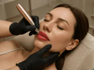 Tecnica di trucco semipermanente labbra effetto volume mentre una professionista applica il pigmento 3D Lips su una cliente sdraiata.