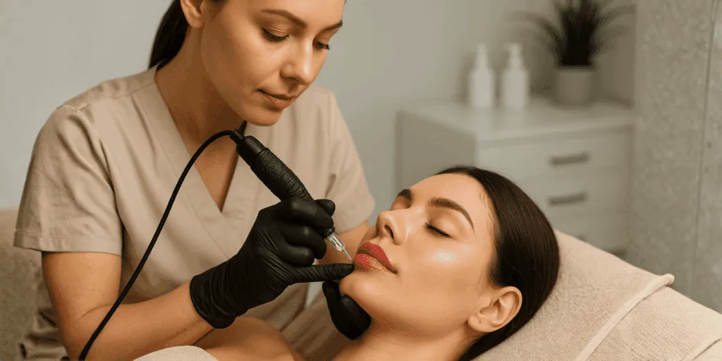 Tecnica di trucco semipermanente labbra effetto volume mentre una professionista esegue la pigmentazione 3D Lips su una cliente sdraiata.