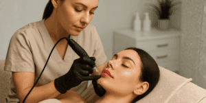 Tecnica di trucco semipermanente labbra effetto volume mentre una professionista esegue la pigmentazione 3D Lips su una cliente sdraiata.