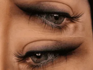 Occhi verdi con eyeliner sfumato semipermanente in stile ombré, ripresi in primo piano sopra e sotto.