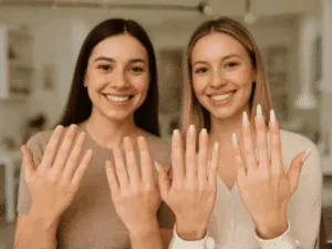 Due donne sorridenti mostrano le mani con diverse forme di unghie curate e naturali dopo la manicure.